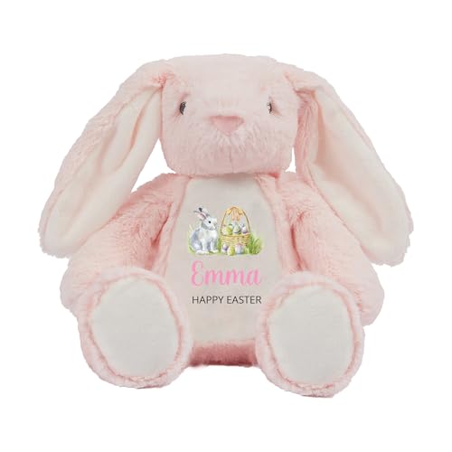 Personalised Happy Easter Pink Bunny Soft Toy with Name - Pink Script