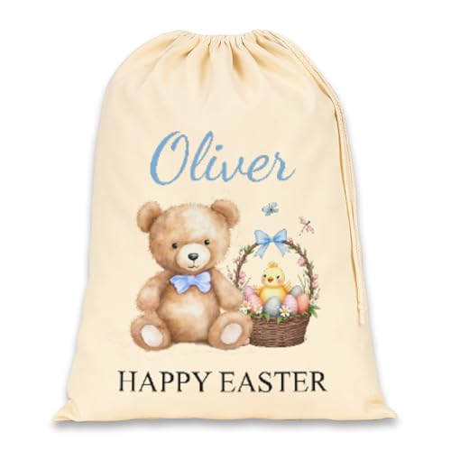 Blue Happy Easter teddy bear Easter sack personalised with a name