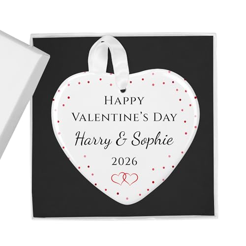 Happy Valentine's Day Polka Dot Hearts white ceramic heart ornament