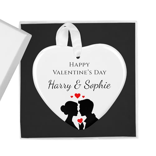 Happy Valentine's Day Romantic Silhouette white ceramic heart ornament