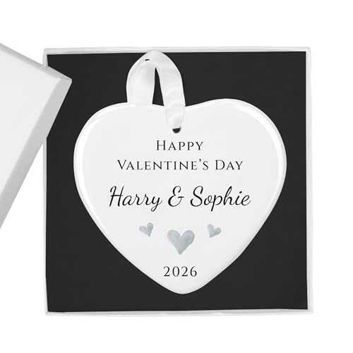 Happy Valentine's Day Silver Hearts white ceramic heart ornament