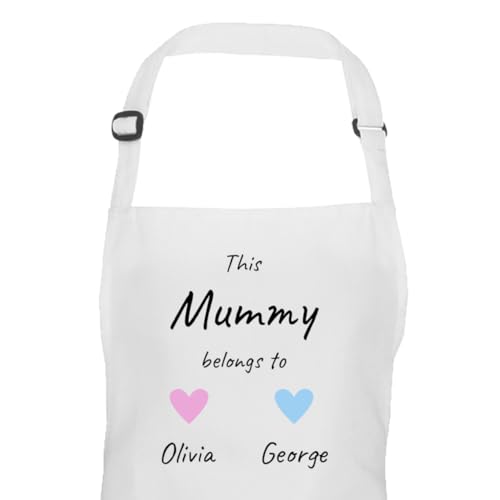 White Mummy apron with pink and blue hearts and personalised names