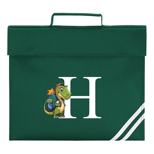 Green initial dinosaur school book bag personalised with a name and initial.