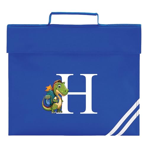 Blue school book bag with initial dinosaur design and personalised name.