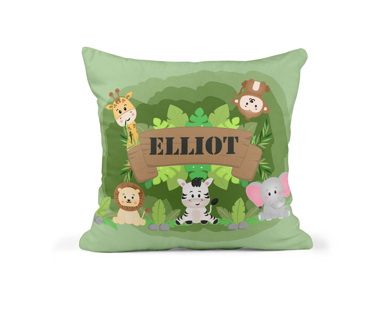 Personalised Jungle Animal Cushion with Name showing friendly jungle animal artwork front view