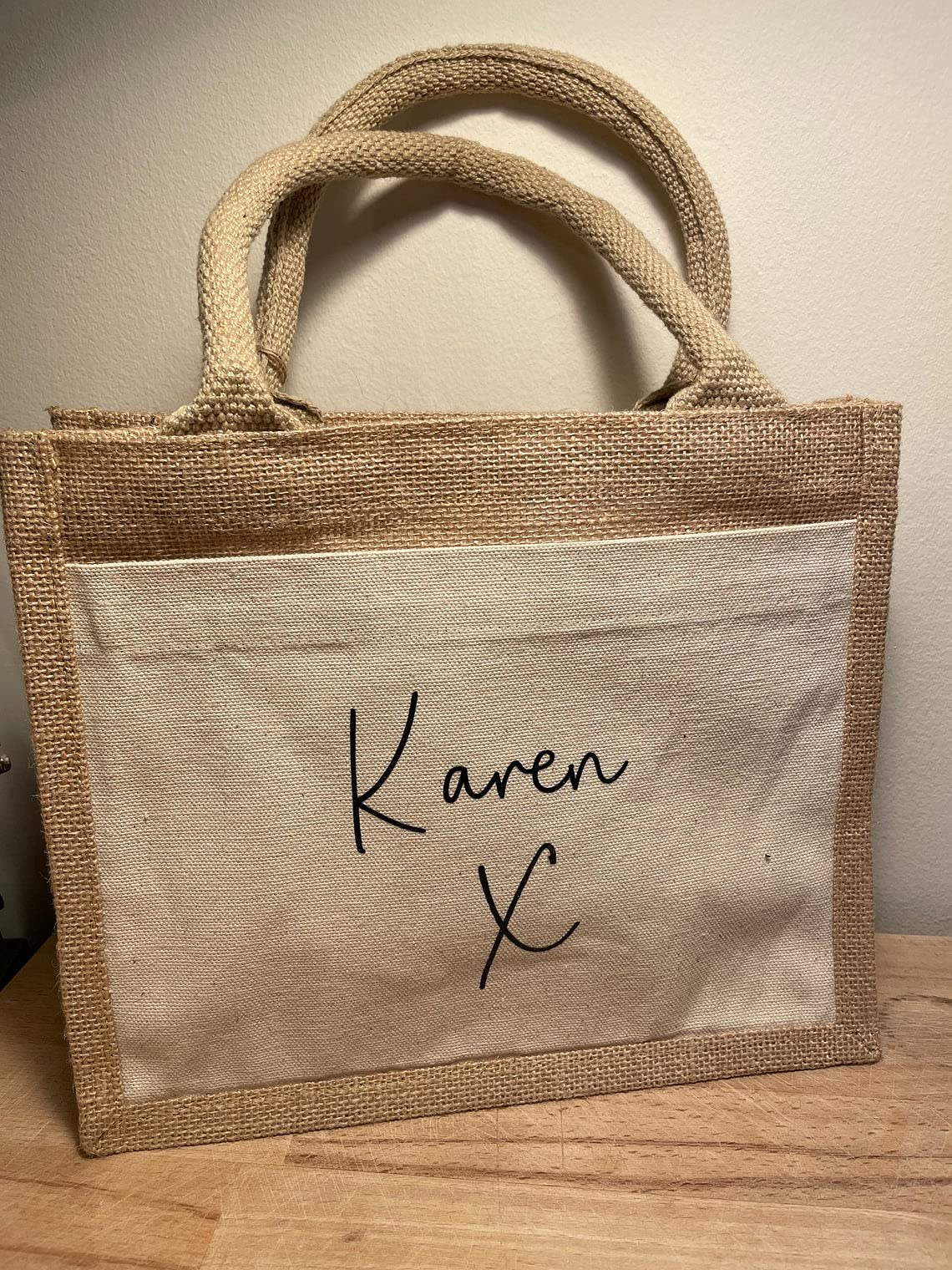 Personalised Jute Tote Bag with Name and Front Pocket additional product photo