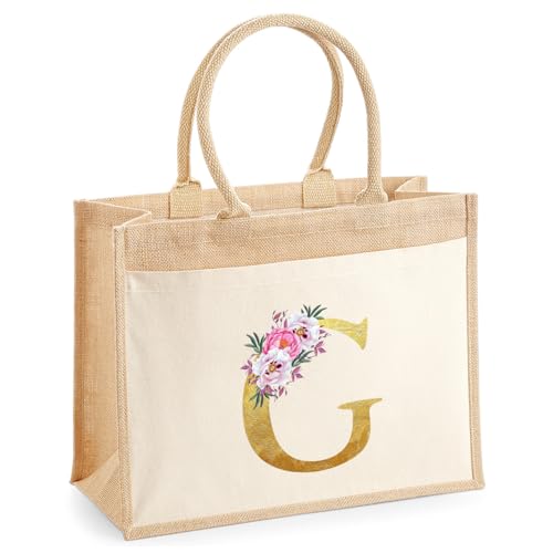Personalised Jute with Floral Initial Tote Bag