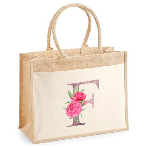 Personalised Jute with Floral Initial Tote Bag
