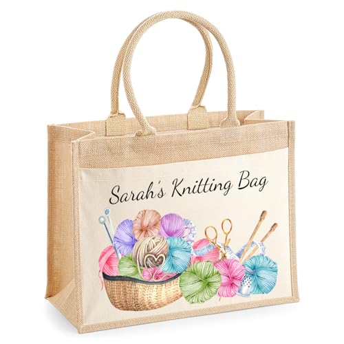 Knitting jute tote bag with yarn and tools design and name