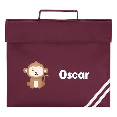 Burgundy school book bag with cartoon monkey and personalised name.