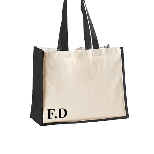 Personalised Monogrammed Jute with Black Initials Tote Bag
