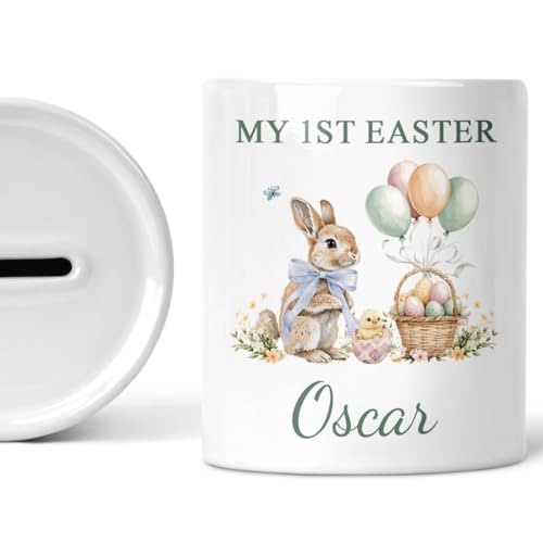 Blue first Easter bunny money box with personalised name