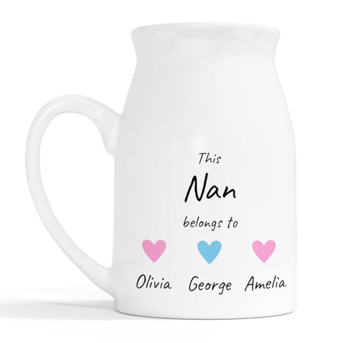 Personalised Nan Milk Jug Vase - Custom Name and Heart Design, Birthday Keepsa