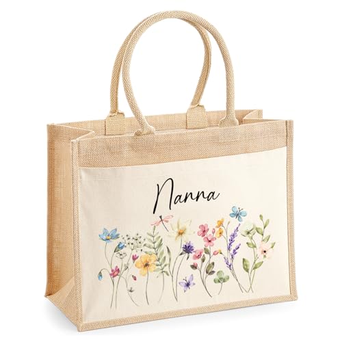 Personalised Nanna Wild Flowers Jute Tote Bag with Name product image