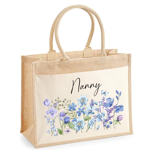 Personalised Nanny Blue Flowers Jute Tote Bag with Name product image