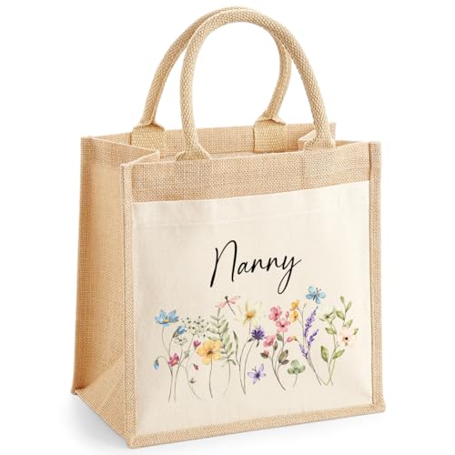 Personalised Nanny Wild Flowers Jute Tote Bag with Name product image