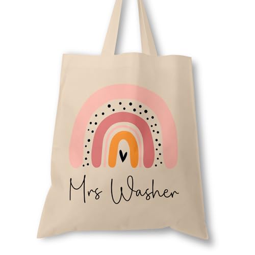 Personalised Natural Boho Rainbow teacher tote bag with name