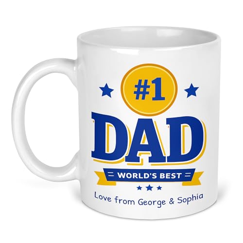 Number 1 Dad ceramic mug with gold medal and names design