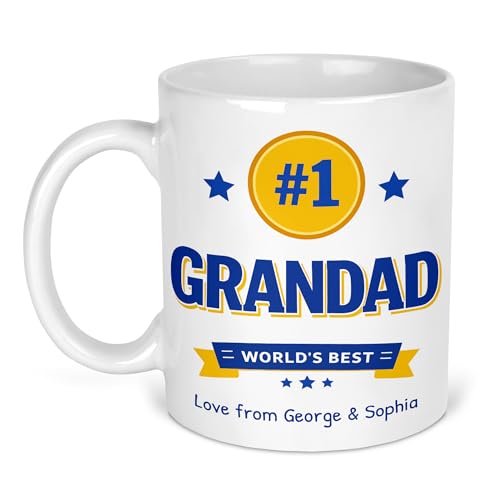 Number 1 Grandad ceramic mug with gold medal and names design