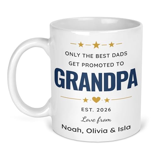 Only the Best Dads Get Promoted to Grandpa ceramic mug with names and EST. year.