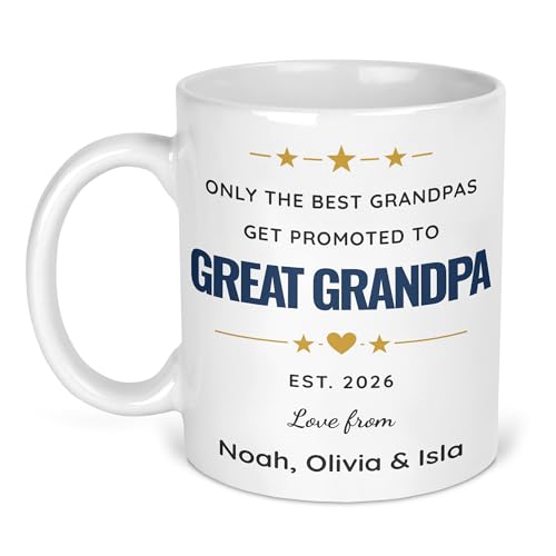 Only the Best Grandpas Get Promoted to Great Grandpa ceramic mug with names and EST. year.