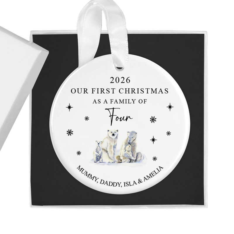 Personalised ceramic ornament with a heartwarming polar bear family with two cubs