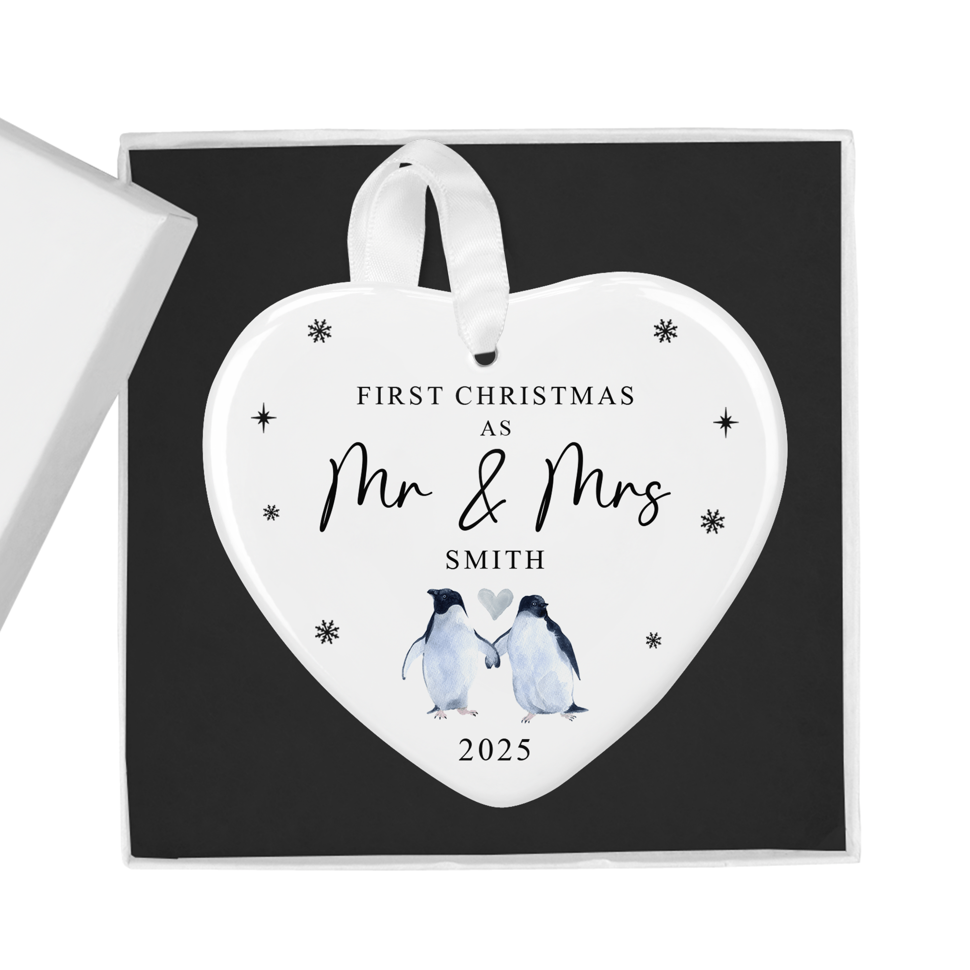 Personalised Our First Christmas as Mr & Mrs Penguin Heart Ornament with Gift Box - Chicken Craft Ltd