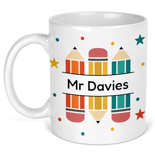Teacher name mug with Pencils design on white ceramic