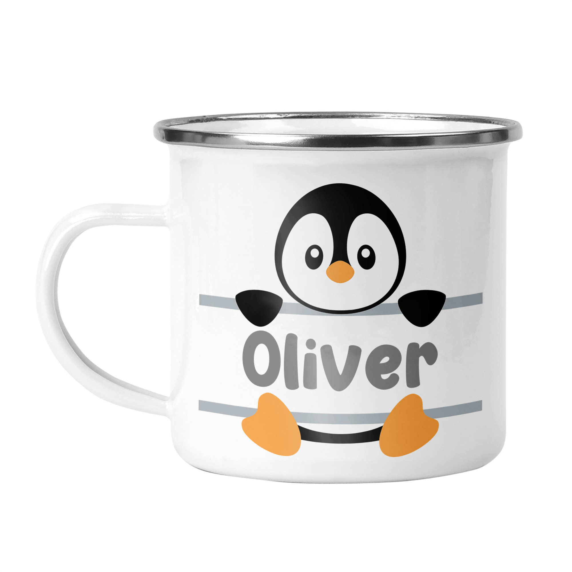 Personalised Penguin Enamel Mug - Pink, Blue or Grey - Chicken Craft Ltd