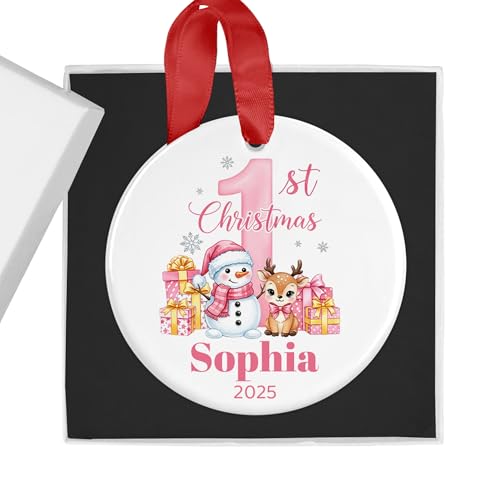 Personalised Pink 1st Christmas Scene Bauble with Box