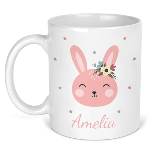 Pink bunny Easter ceramic mug personalised with a name.