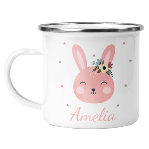 Personalised pink bunny enamel Easter mug with name.