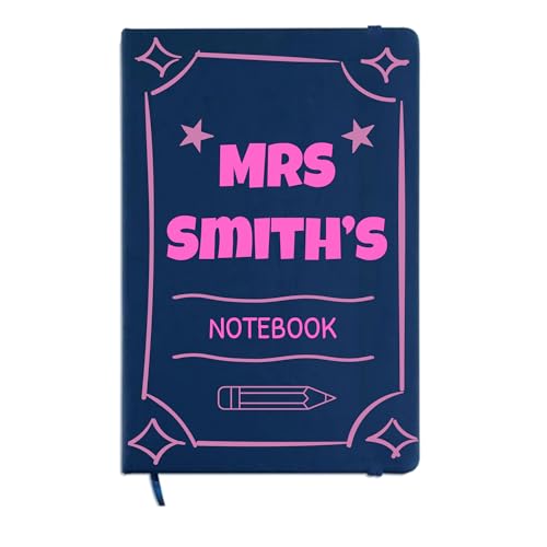 Blue teacher notebook with pink frame, pencil design and custom name