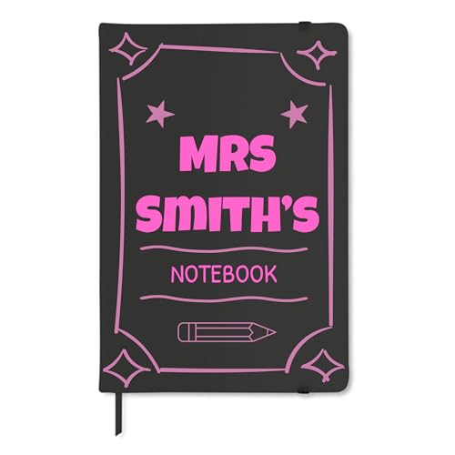 Black A5 teacher notebook with pink frame, pencil design and custom name.