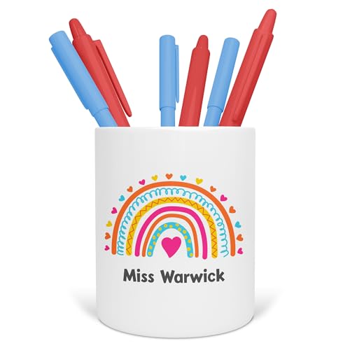Personalised Pink Heart Rainbow Teacher Pen Pot