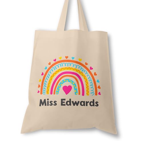Personalised Pink Heart Rainbow teacher tote bag with name