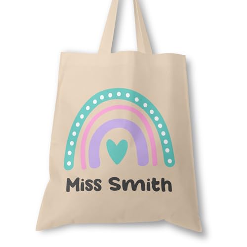 Personalised Pink Purple Rainbow teacher tote bag with name
