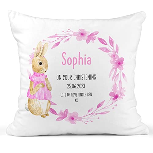 Personalised Pink Rabbit Christening Cushion