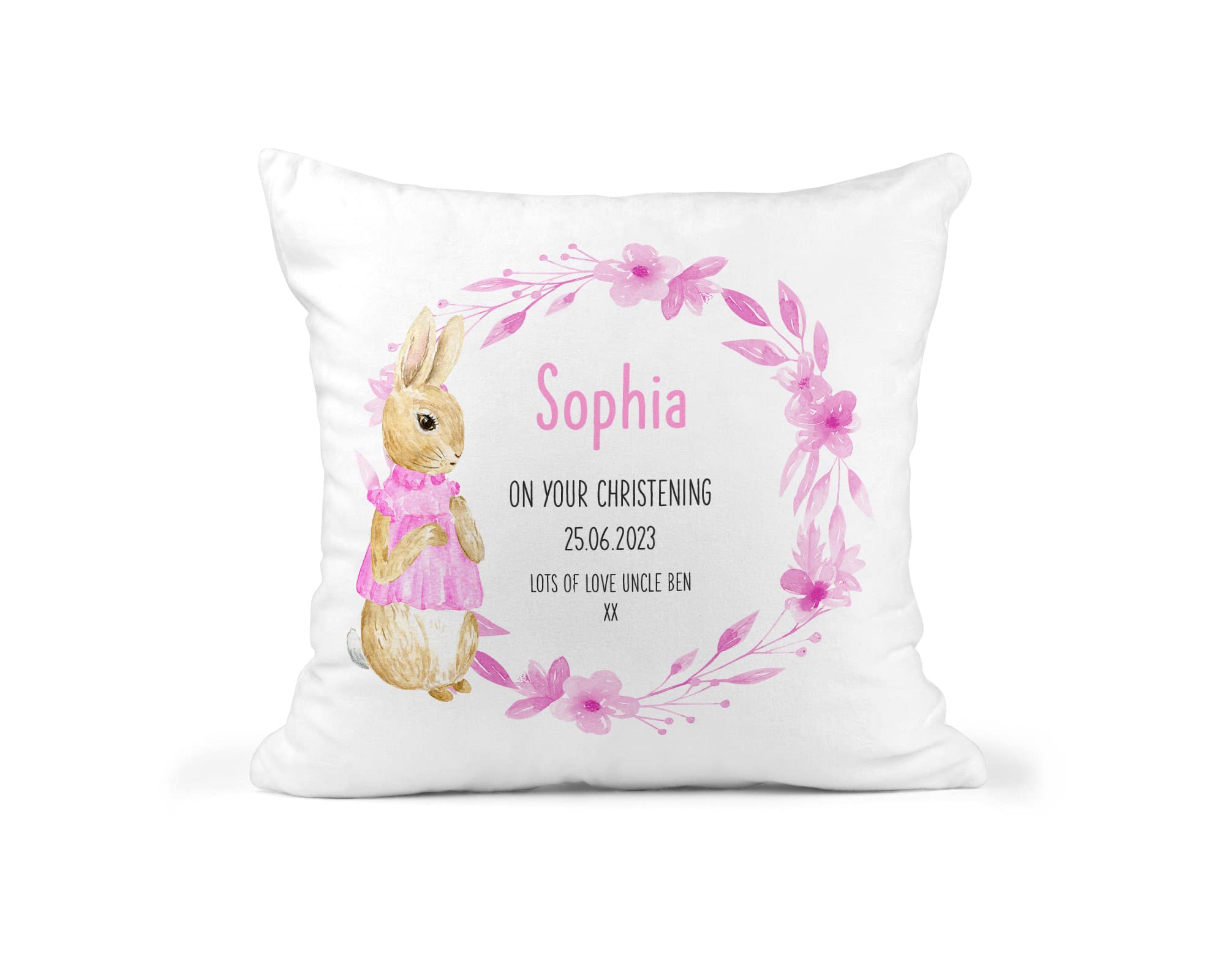 Personalised Pink Rabbit Christening Cushion additional product photo