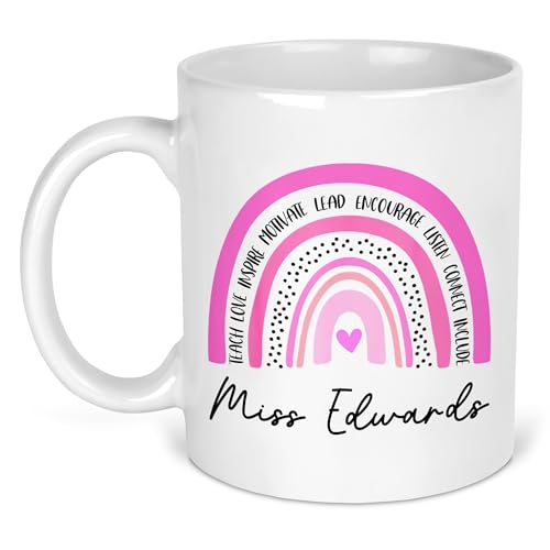 Pink Rainbow teacher ceramic mug with personalised name