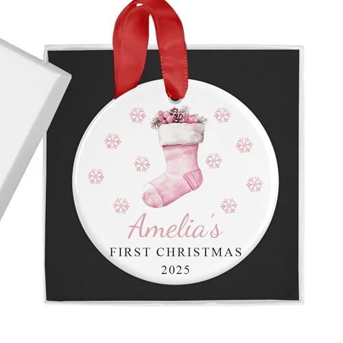 Personalised Pink Stocking First Christmas Bauble with Box