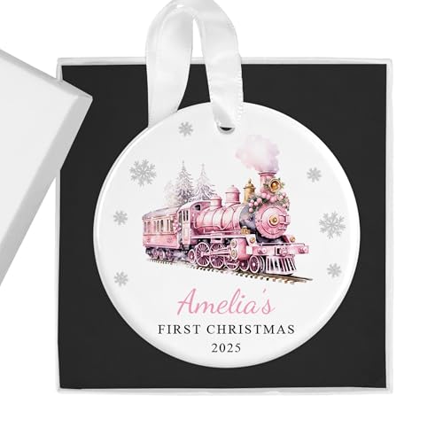Personalised Pink Train First Christmas Bauble with Box