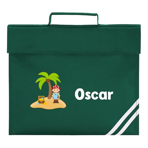 Green Pirate Island school book bag personalised with a child's name.