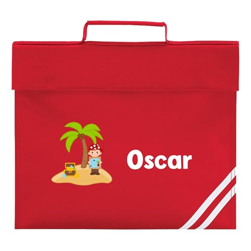 Red Pirate Island school book bag personalised with a child's name.