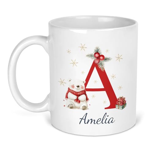 Polar Bear Initial Christmas ceramic mug with initial and name