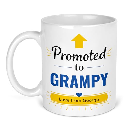 Promoted to Grampy mug with gold arrow, blue title and Love From name banner