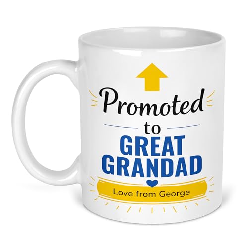 Promoted to Great Grandad mug with gold arrow and Love From name banner