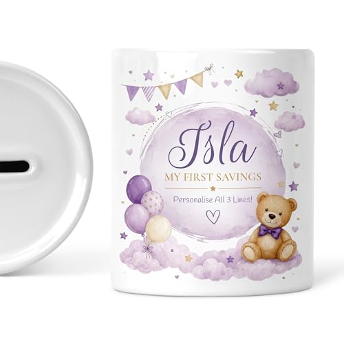 Purple teddy bear money box with personalised name and message