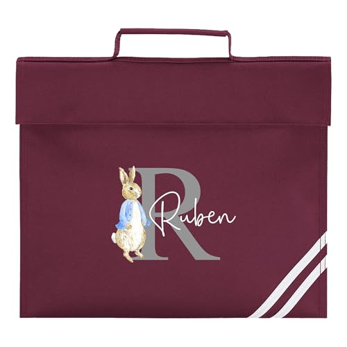 Burgundy Rabbit Initial school book bag personalised with a name and initial.