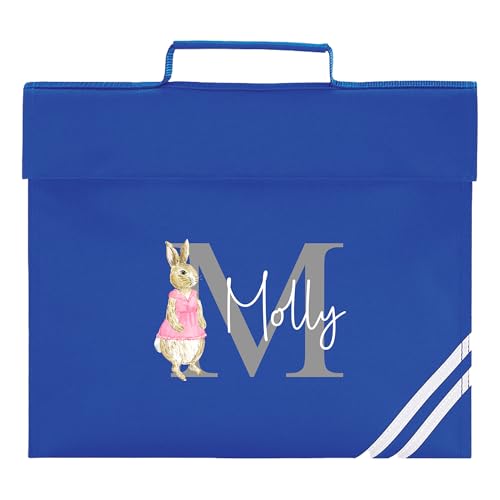 Blue school book bag with rabbit monogram, name and initial design.